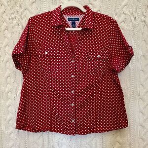 Karen Scott Red White Polka Dot S/S Button Up Shirt, Women's Size XL 4th of July